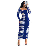 2024 Fashion Printed Lady Crew Collar Split Bodycon Long Dresses NY-3136
