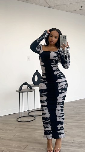 2024 Fashion Printed Lady Crew Collar Split Bodycon Long Dresses NY-3136