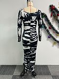 2024 Fashion Printed Lady Crew Collar Split Bodycon Long Dresses NY-3136
