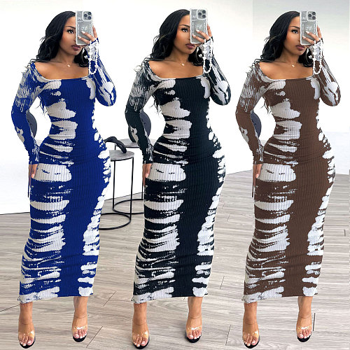 2024 Fashion Printed Lady Crew Collar Split Bodycon Long Dresses NY-3136