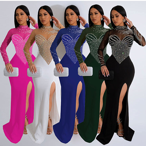 2024 Elegant Lady Hot Drilling High Neck Slim Split Long Party Dress NY-2986