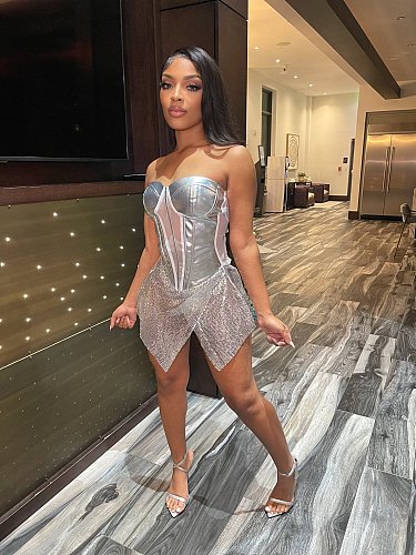 2024 Sexy Strapless Ladies Sequin Mesh Irregular Hem Mini Dress NY-3120