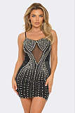 2024 Sexy Package Hips Hot Drilling Black Mesh Patchwork Straps Mini Dress NY-3128