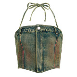 2024 Denim Halter Vest Pockets Wide Leg Pants Mini Skirt RS-04849