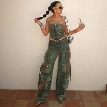 2024 Denim Halter Vest Pockets Wide Leg Pants Mini Skirt RS-04849