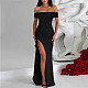 2024 Sexy Strapless Drop Shoulder Lady Black Split Long Dress JLY-6818