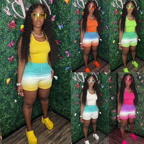 Fashion Printed Girl Vest And Shorts Sporty 2 Pieces Sets RS-8002