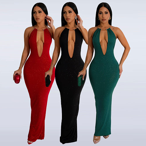 2024 Hot Sexy Low-cut Halter Backless Tight Split Long Dress NY-10678