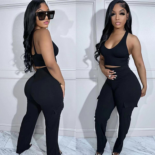 2024 Sexy Straps Tops And Long Pants Sporty Black 2 Pieces Sets LSD-1860