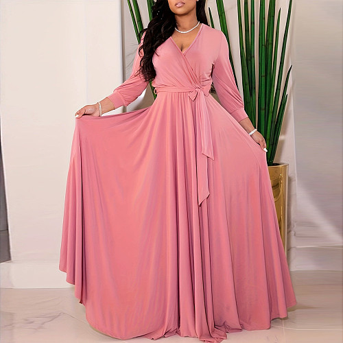 2024 Elegant Lady V-neck Full Sleeves Solid Color Hem Long Dress JLY-6838