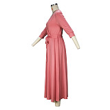 2024 Elegant Lady V-neck Full Sleeves Solid Color Hem Long Dress JLY-6838