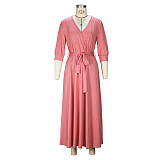 2024 Elegant Lady V-neck Full Sleeves Solid Color Hem Long Dress JLY-6838