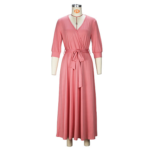 2024 Elegant Lady V-neck Full Sleeves Solid Color Hem Long Dress JLY-6838