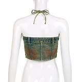 2024 Denim Halter Vest Pockets Wide Leg Pants Mini Skirt RS-04849
