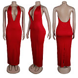 2024 Hot Sexy Low-cut Halter Backless Tight Split Long Dress NY-10678