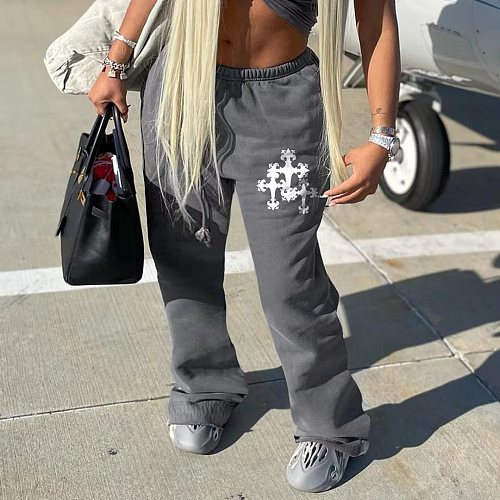 Sweatpants Female Sporty Bottoms Print Drawstring High Waist Pants RS-1103