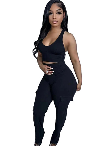 2024 Sexy Straps Tops And Long Pants Sporty Black 2 Pieces Sets LSD-1860