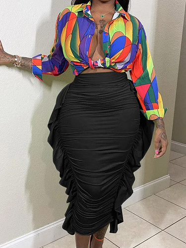 2024 NEW Women Ruffles Pleated Black Long Skirt ZAND-31325