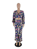2024 Fashion Printed Women V-neck Crop Top With Long Pants 2 Pieces Set ZAND-31329