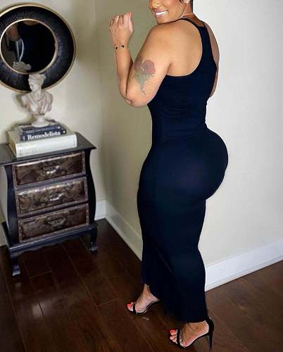 2024 Women Black Straps Slim Sexy Bodycon Maxi Dress ZAND-31330