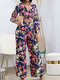 2024 Fashion Printed Women V-neck Crop Top With Long Pants 2 Pieces Set ZAND-31329