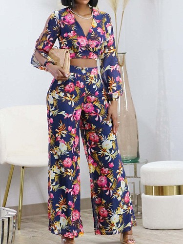 2024 Fashion Printed Women V-neck Crop Top With Long Pants 2 Pieces Set ZAND-31329