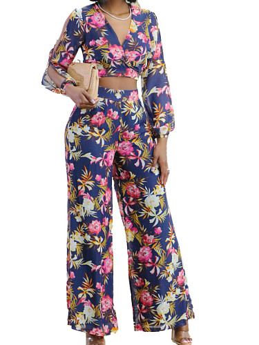 2024 Fashion Printed Women V-neck Crop Top With Long Pants 2 Pieces Set ZAND-31329