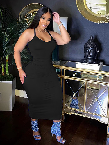 2024 Women Black Straps Slim Sexy Bodycon Maxi Dress ZAND-31330