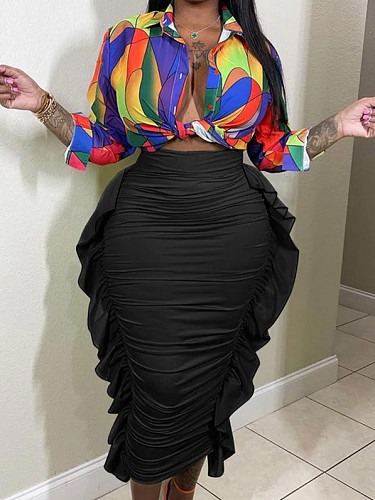 2024 NEW Women Ruffles Pleated Black Long Skirt ZAND-31325