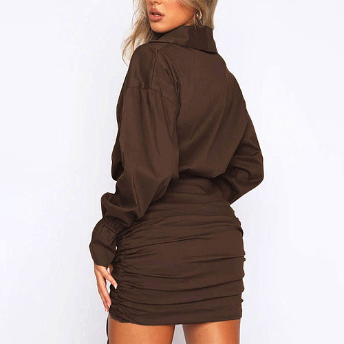 2024 NEW Girls Lapel Long Sleeves Lace-up Pleated Brown Mini Dress HANI-172