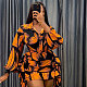 2024 Fashion Printed Women Puff Sleeves Lapel Ruffled Large Size Mini Skirt Suits HANI-105