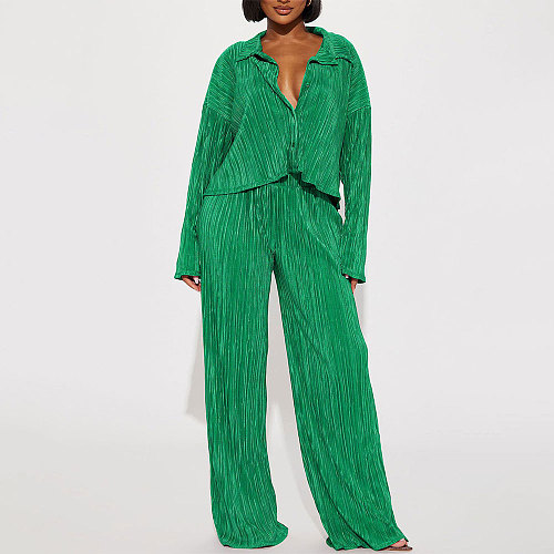 2024 Casual Women Lapel Long Sleeves Tops And Long Pants Green Suits HANI-206
