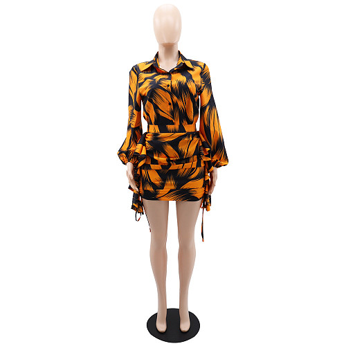 2024 Fashion Printed Women Puff Sleeves Lapel Ruffled Large Size Mini Skirt Suits HANI-105