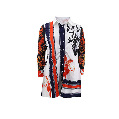 2024 Stylish Lady Prints Long Sleeves Polo Neck Large Size Mini Dress HANI-083