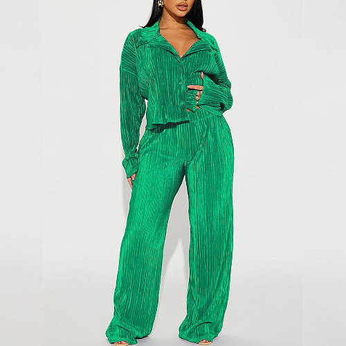2024 Casual Women Lapel Long Sleeves Tops And Long Pants Green Suits HANI-206