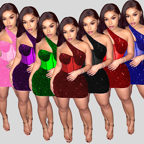 Women Sexy Mesh Sequin Slant Shoulder Short Dress OSD-6900