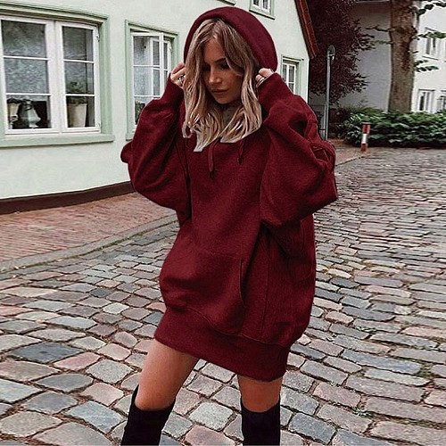 Hand Warmer Pocket Hooded Sweatshirt Mini Dress HX-0081