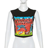 2024 Stylish Cartoon Print Women Sleeveless Slim Short Tops SXE-K23L33700