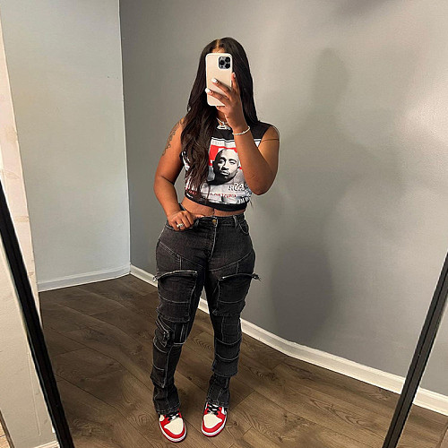 2024 Stylish Cartoon Print Women Sleeveless Slim Short Tops SXE-K23L33700