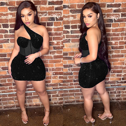 Women Sexy Mesh Sequin Slant Shoulder Short Dress OSD-6900