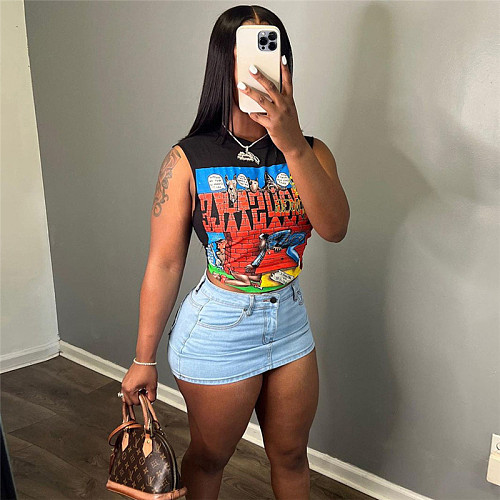 2024 Stylish Cartoon Print Women Sleeveless Slim Short Tops SXE-K23L33700