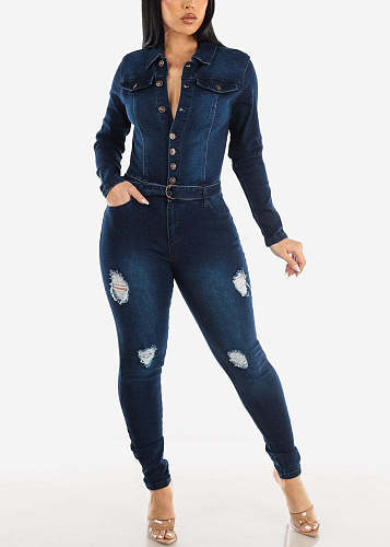 2024 Leisure Women Long Sleeved Lapel Broken-holes Dark Blue Jumpsuit LX-3569