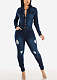2024 Leisure Women Long Sleeved Lapel Broken-holes Dark Blue Jumpsuit LX-3569