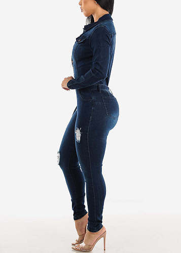 2024 Leisure Women Long Sleeved Lapel Broken-holes Dark Blue Jumpsuit LX-3569