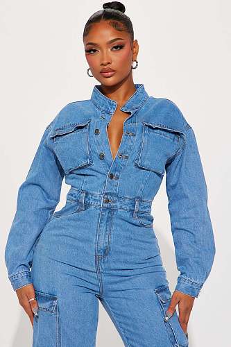 2024 Casual Women Long Sleeves Lapel Pockets Sky Blue Jumpsuit LX-3570