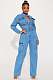 2024 Casual Women Long Sleeves Lapel Pockets Sky Blue Jumpsuit LX-3570