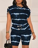 Casual Pin Print Short Sleeve T-shirt Shorts Two Piece Set SAN-9043