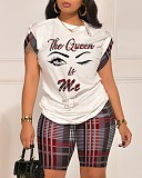 Casual Pin Print Short Sleeve T-shirt Shorts Two Piece Set SAN-9043