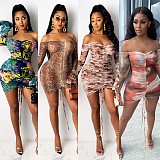 Full Flare Sleeve Slash Neck Shirring Stretchy Bodycon Dresses NY-7146