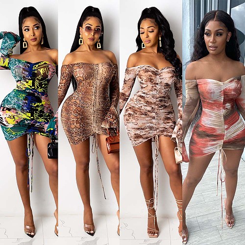 Full Flare Sleeve Slash Neck Shirring Stretchy Bodycon Dresses NY-7146